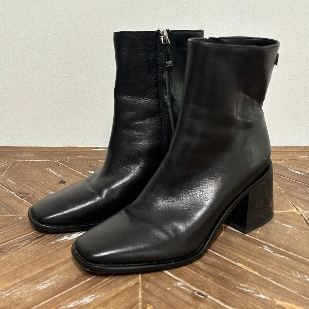 Sam Edelman Winnie Ankle Boots Women 8.5 Black Leather Square Toe Block Heel Zip
